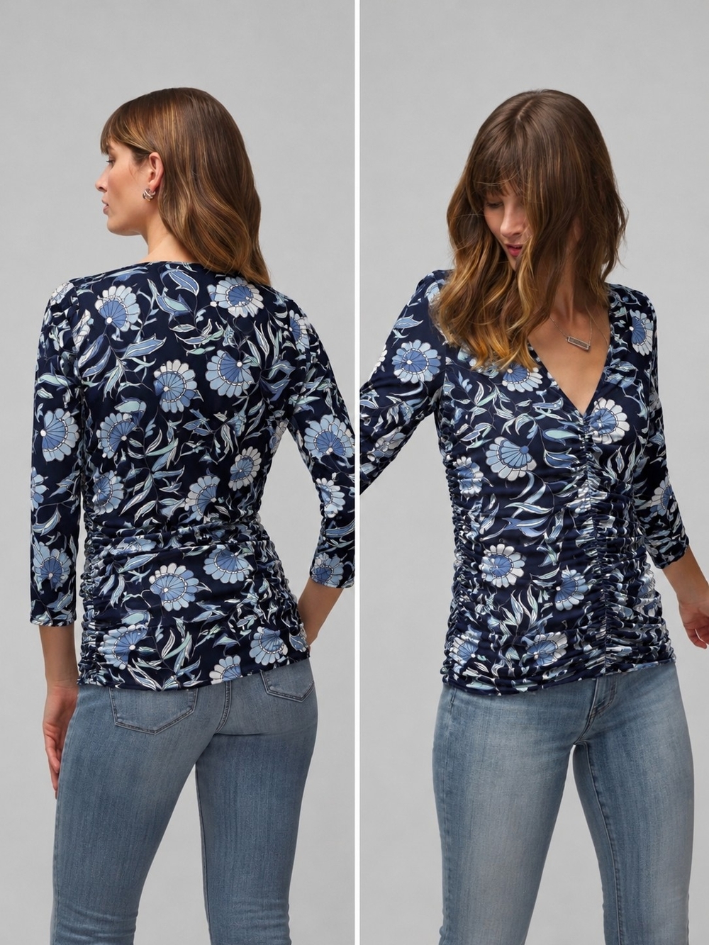 White House Black Market Navy Blue Floral Ruched V-Neck Top